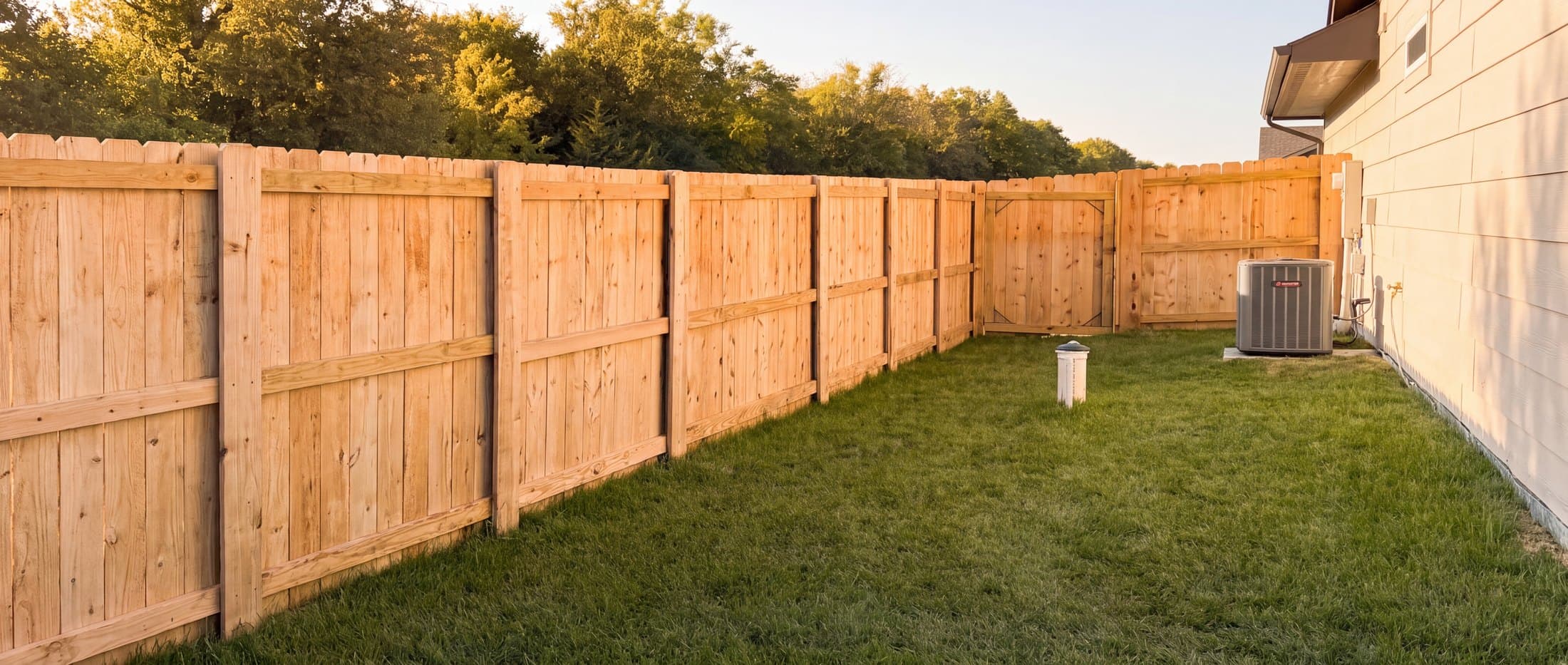 Cedar privacy fence corner in evening light