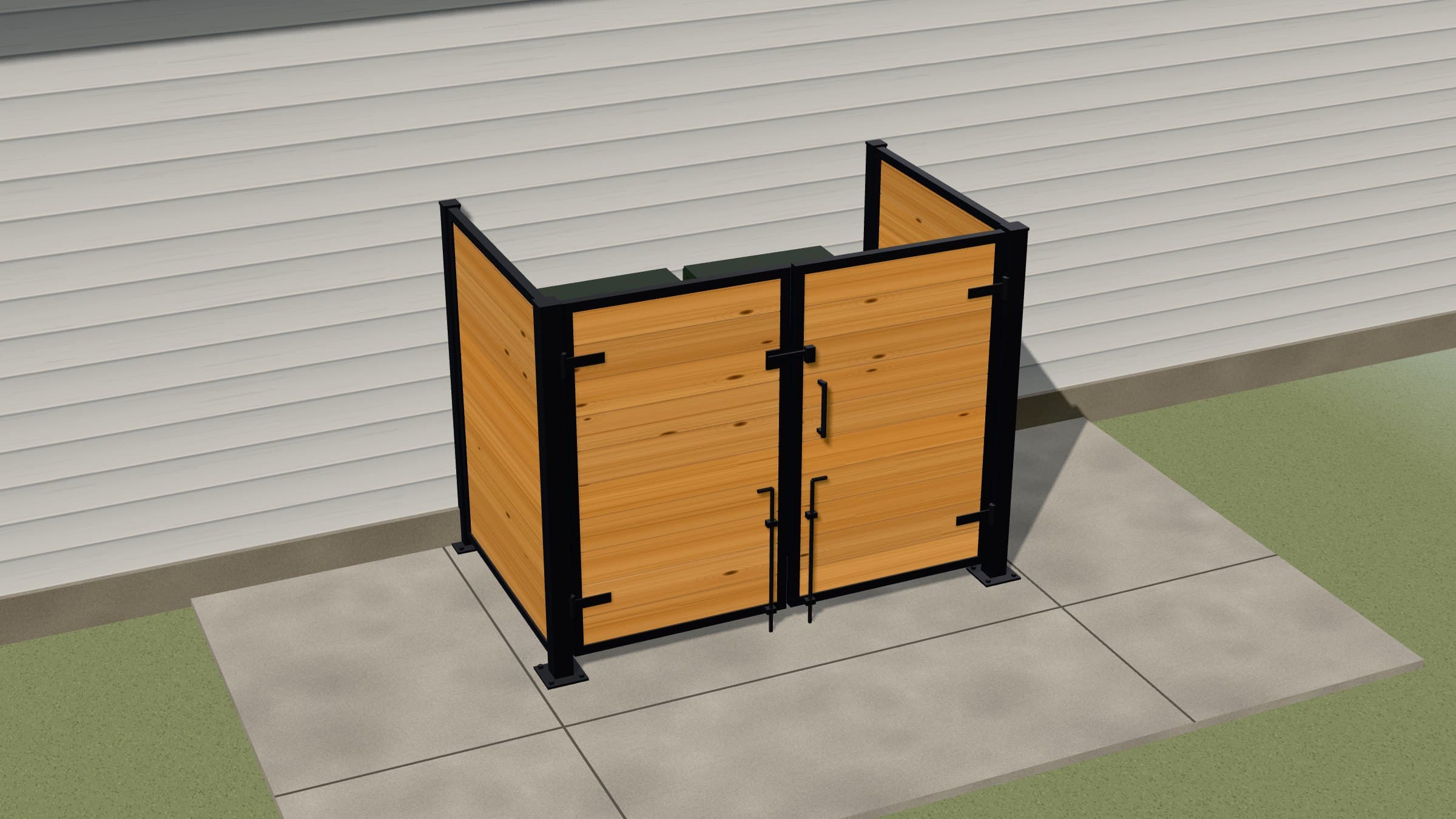 3D model of a gated trash can enclosure with a black steel frame and cedar boards