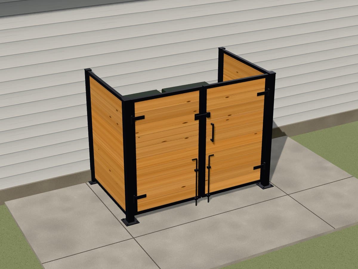 3D model of a Gated trash can enclosure with a black steel frame and cedar boards, on an existing slab, two trash carts beside a house wall