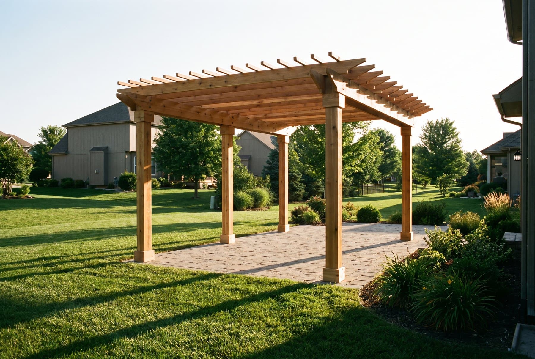 Cedar pergola outdoor structure built in a Wichita backyard
