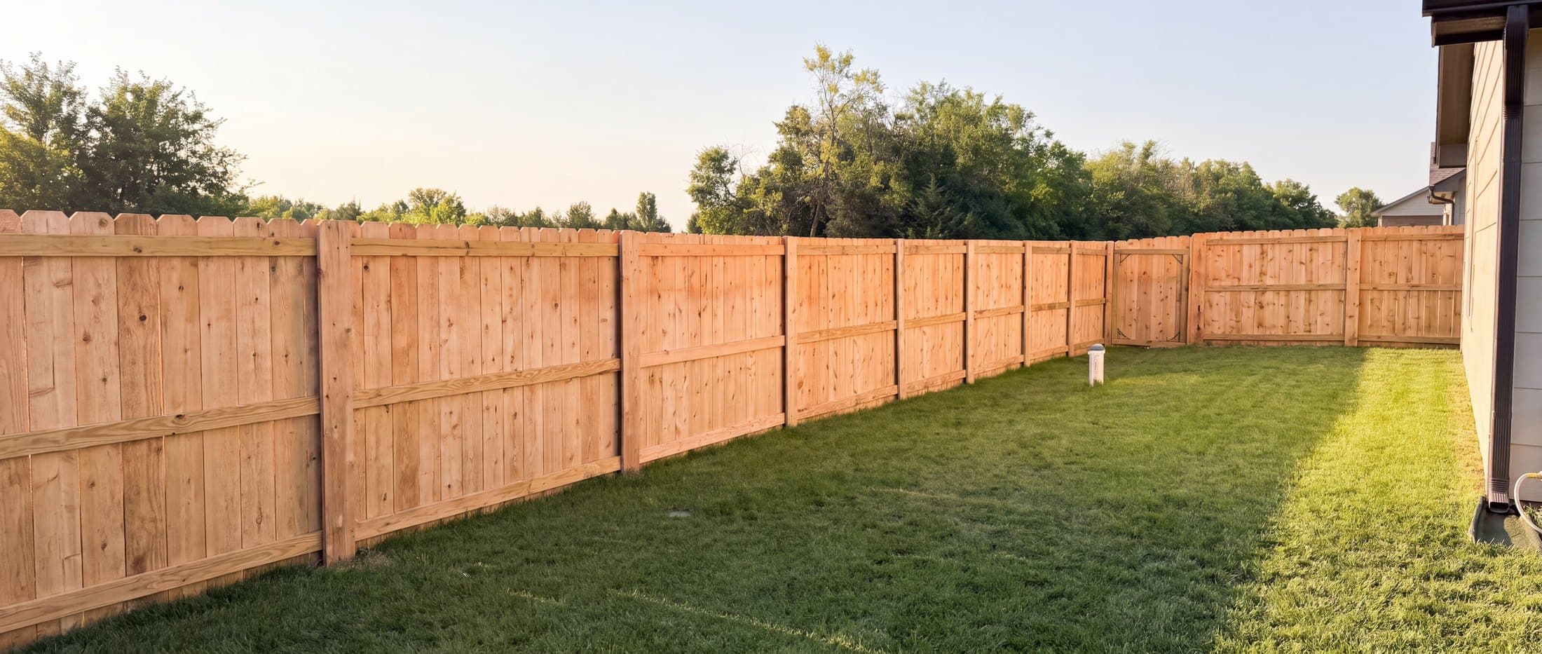 Cedar privacy fence enclosing a backyard at sunset in Andover, Kansas