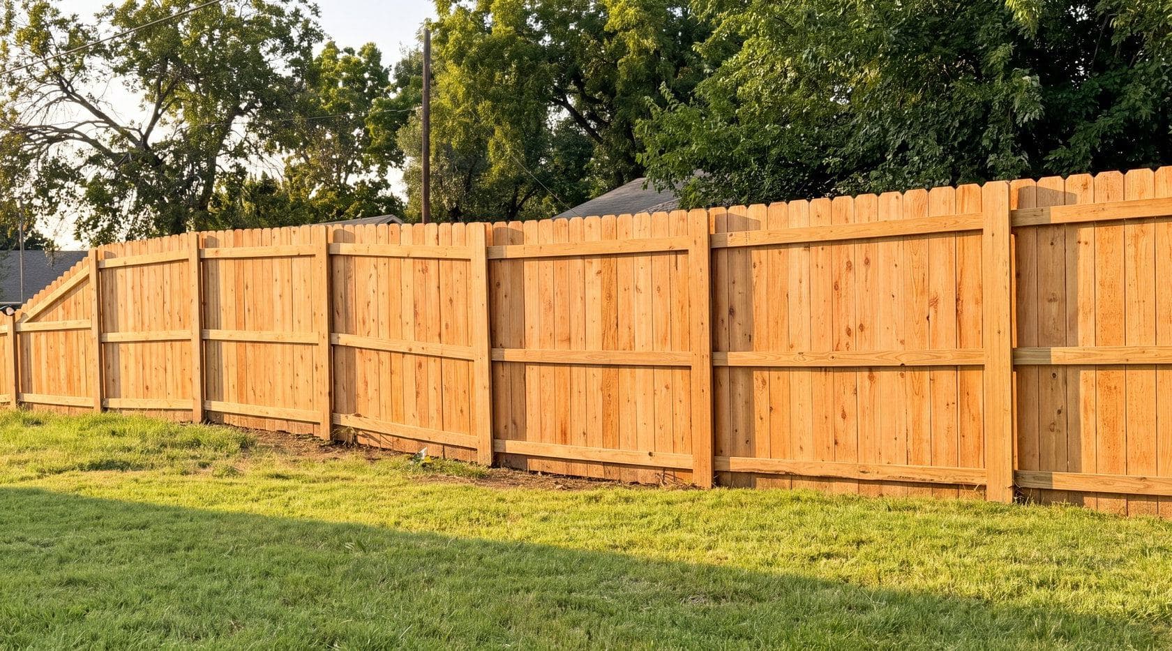 A finished Ovora cedar privacy fence shot along the run in evening light
