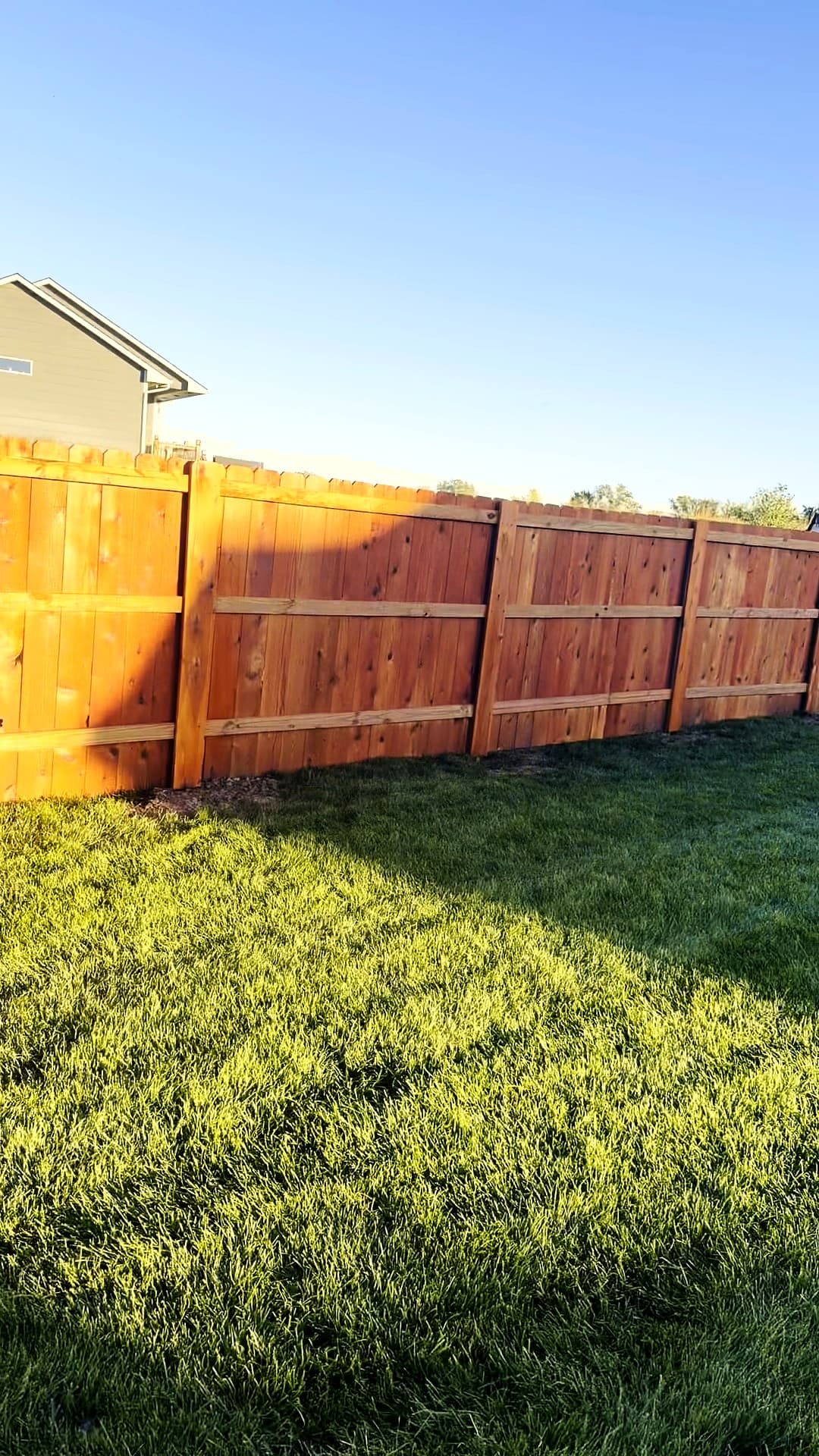 Long run of a red-stained cedar privacy fence seen from inside a backyard in Maize, Kansas
