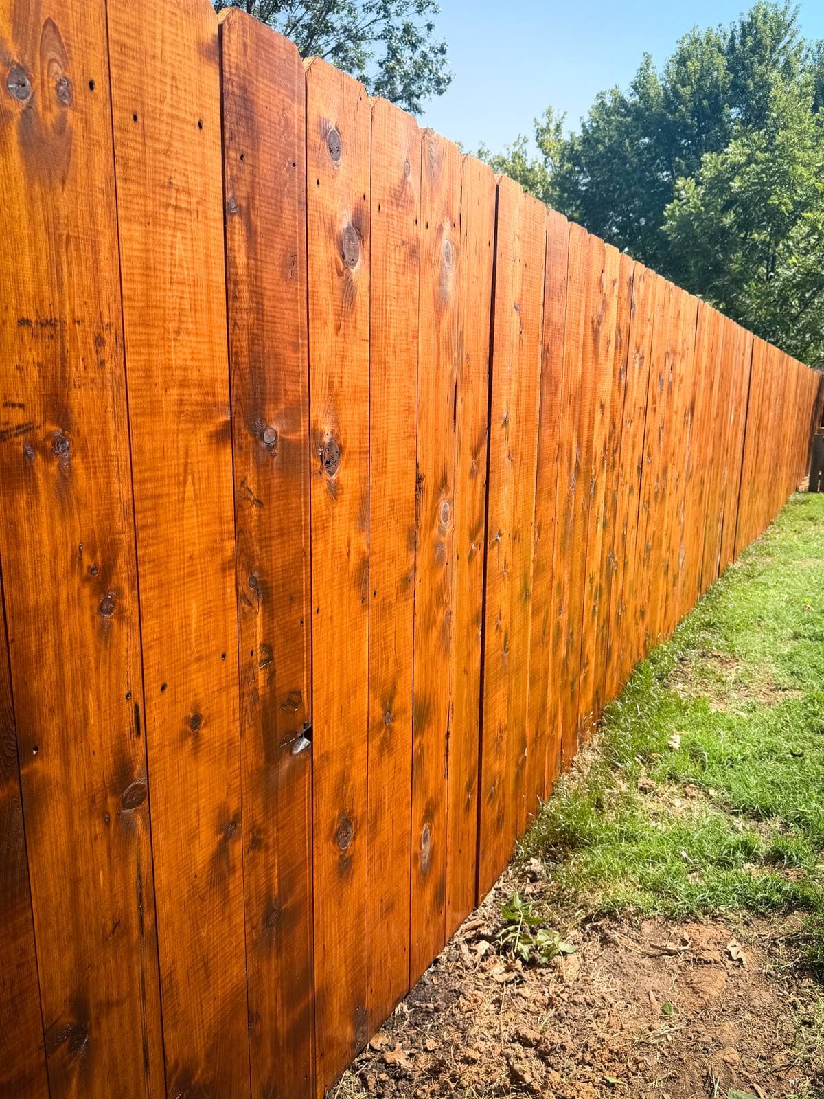 Long stained cedar privacy fence run beside a green lawn in Derby, Kansas