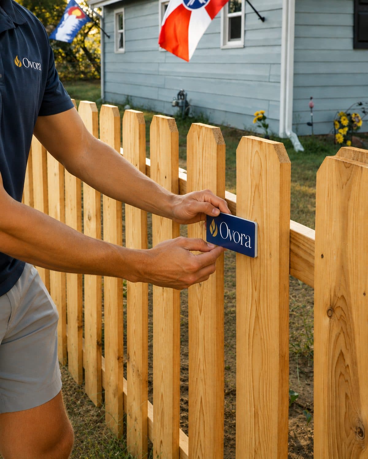 Ovora crew member mounting an Ovora plate on a cedar picket fence in west Wichita, Kansas