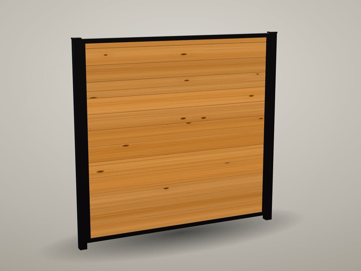 6 ft FenceTrac fence section, black steel frame with horizontal Western red cedar boards