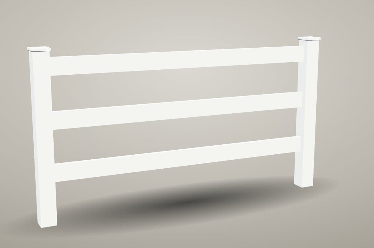 White 3 rail vinyl ranch fence section between two posts