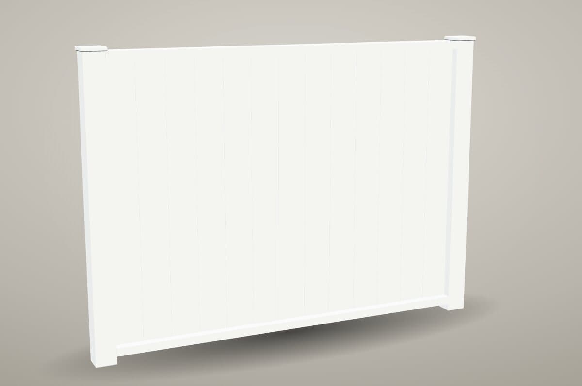 White Lakeland vinyl privacy fence section with flat post caps
